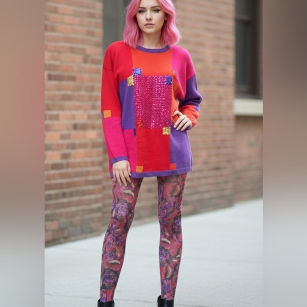 70's☮Vntage De Rotchild Purple/Red Raime/Cotton Sweater Sz M Oversized